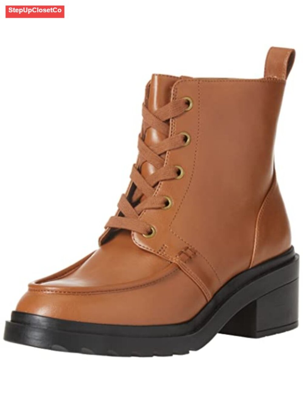 Women's Faux Leather Lace Up Moc Toe Combat Boots with Chunky Heel